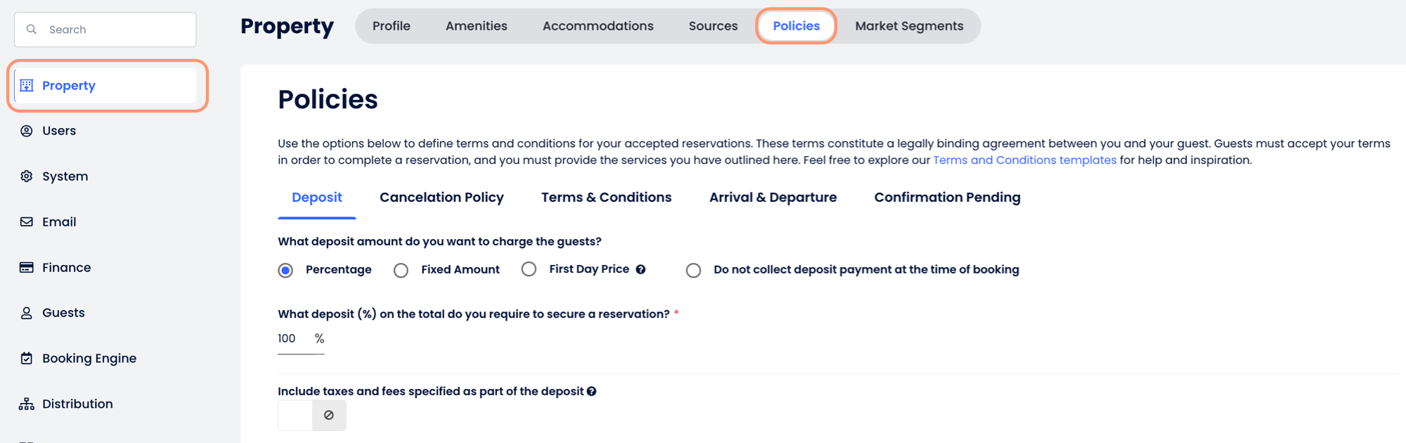 Policies page with the Deposit tab and policy categories for cancellation, terms and conditions, arrival and departure, and confirmation pending