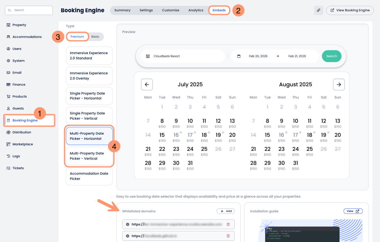 ภาพหน้าจอแท็บ Embeds ของเครื่องมือการจองที่เลือกพรีเมียมและ Multi-Property Date Picker พร้อมแสดงพื้นที่คู่มือการติดตั้ง