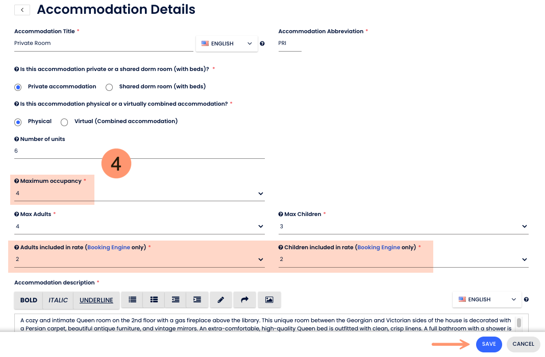 Configuración de ocupación del alojamiento y personas incluidas en la tarifa