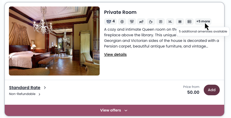 Screenshot of a Booking Engine accommodation card showing the amenity icon row and the +X more indicator