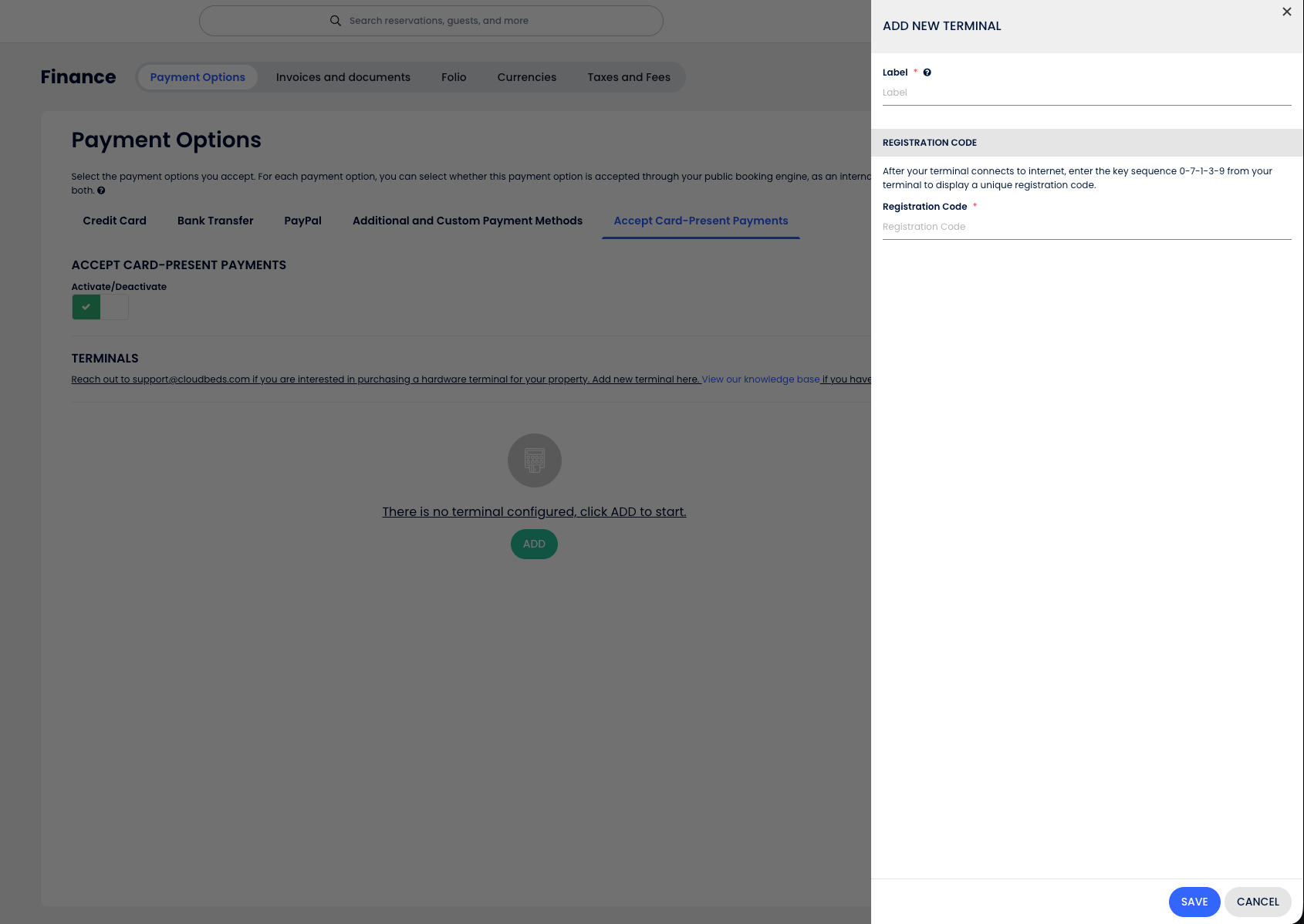 Configurações de Aceitar pagamentos presenciais no PMS da Cloudbeds