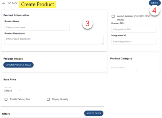 Product creation form in Cloudbeds Guest Experience Upsell
