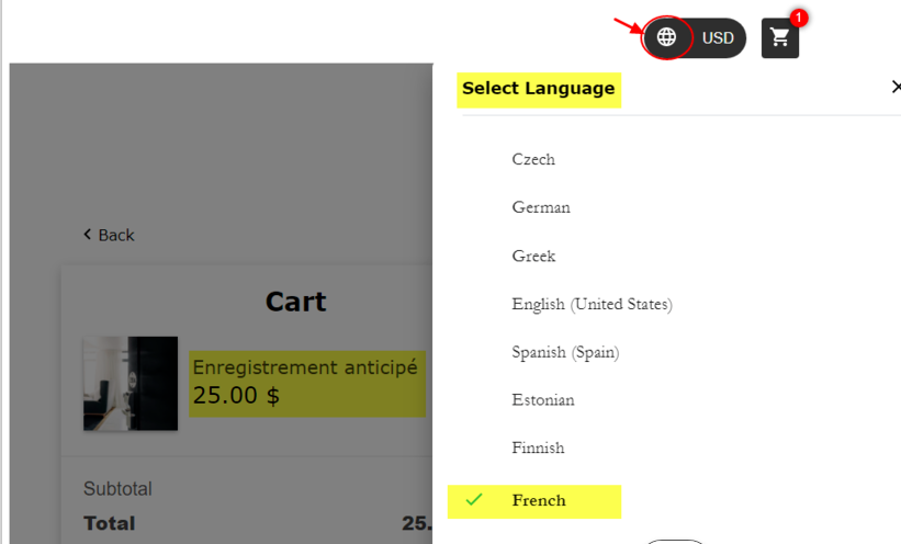 Sprachauswahlmenü im gastseitigen Upsell Store