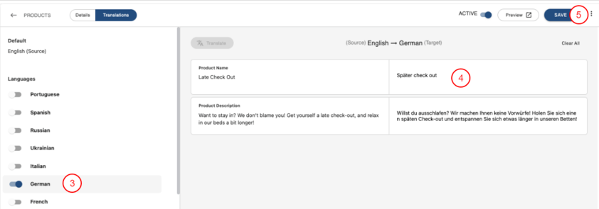 Produkteinstellungen für Übersetzungen im Guest Experience Upsell