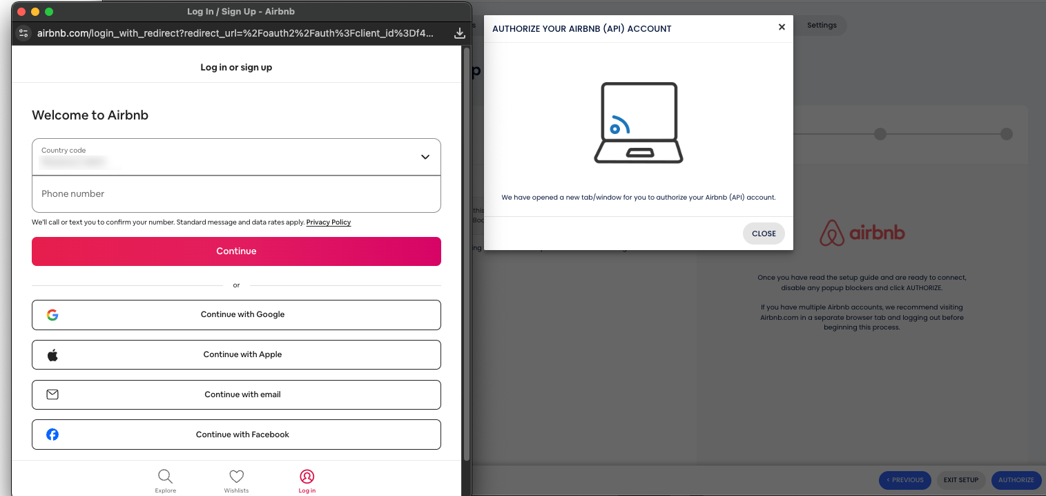 Airbnb authorization pop-up