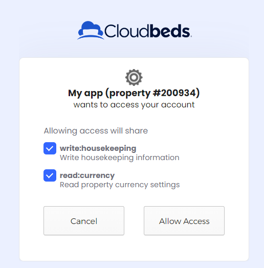 Seite Anwendungsauthorisierung mit den von der Anwendung angeforderten API-Berechtigungen und dem Zugriff erlauben-Button