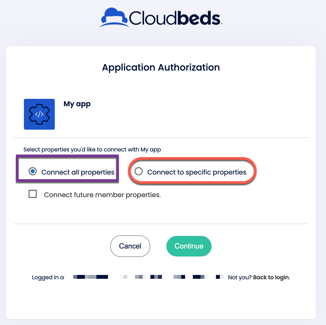 Seite Anwendungsauthorisierung mit Optionen Alle Unterkünfte verbinden oder Verbindung zu bestimmten Unterkünften herstellen und dem Weiter-Button