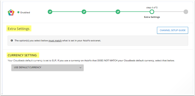 Channel Extra Settings page showing the Currency Setting control and the option to use the default currency.