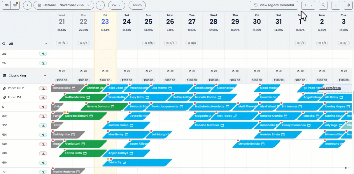 New Cloudbeds Calendar animation showing Quick Actions opened from the Plus menu and from an available area of the Calendar grid
